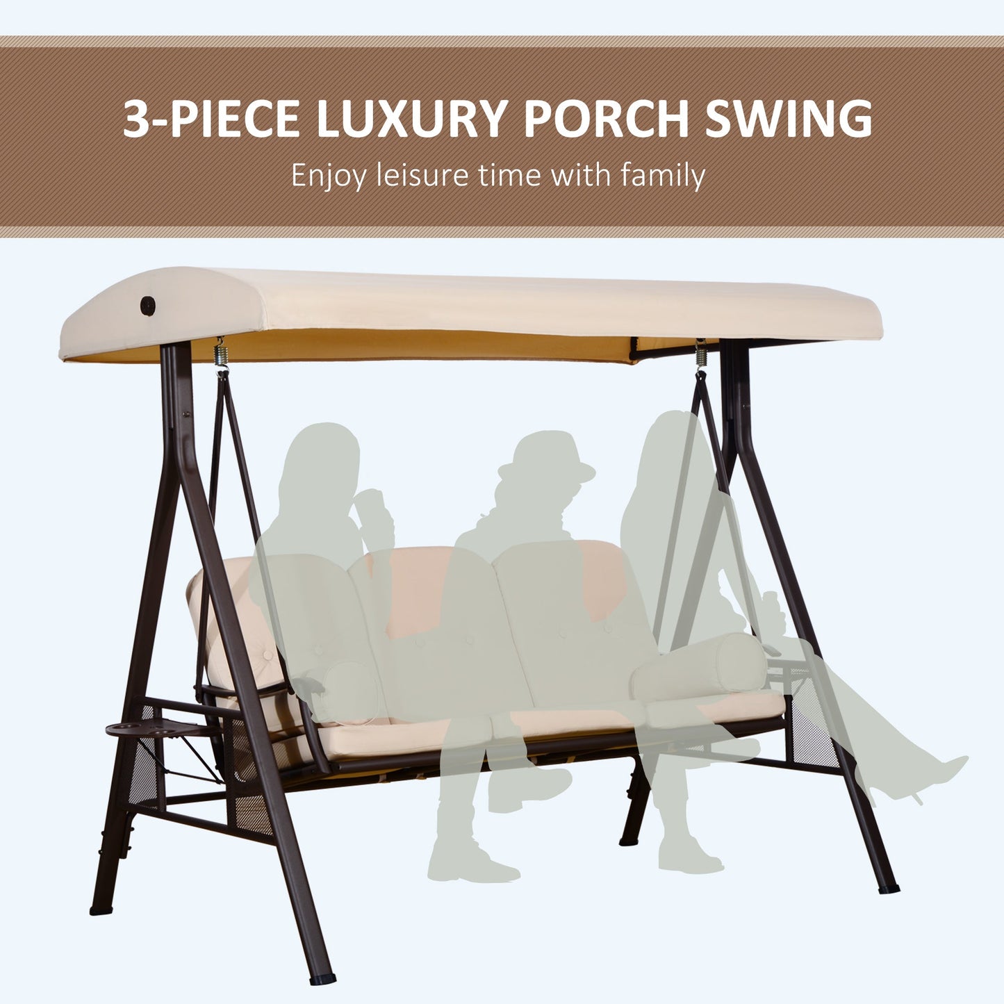 Outsunny 3-Seat Patio Swing Chair with Adjustable Canopy, Removable Cushion & Pillows, Beige -84A-068