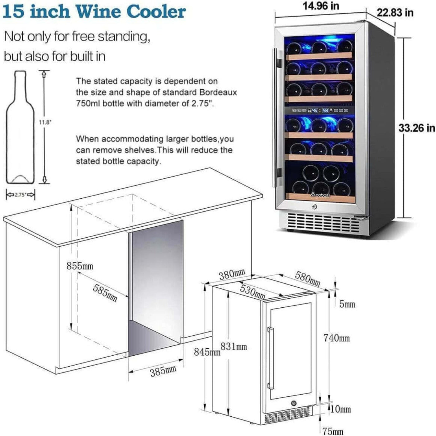 AAOBOSI Wine Cooler Refrigerator 15 inch Dual Zone Wine Fridge for 30 Bottles -  YC-100B