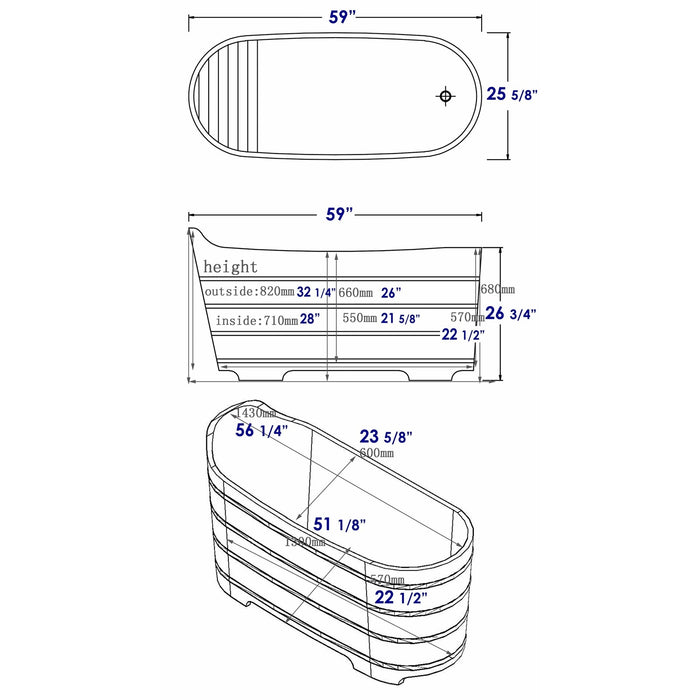 ALFI 59" Cedar Wooden Freestanding Bathtub with Bench AB1103