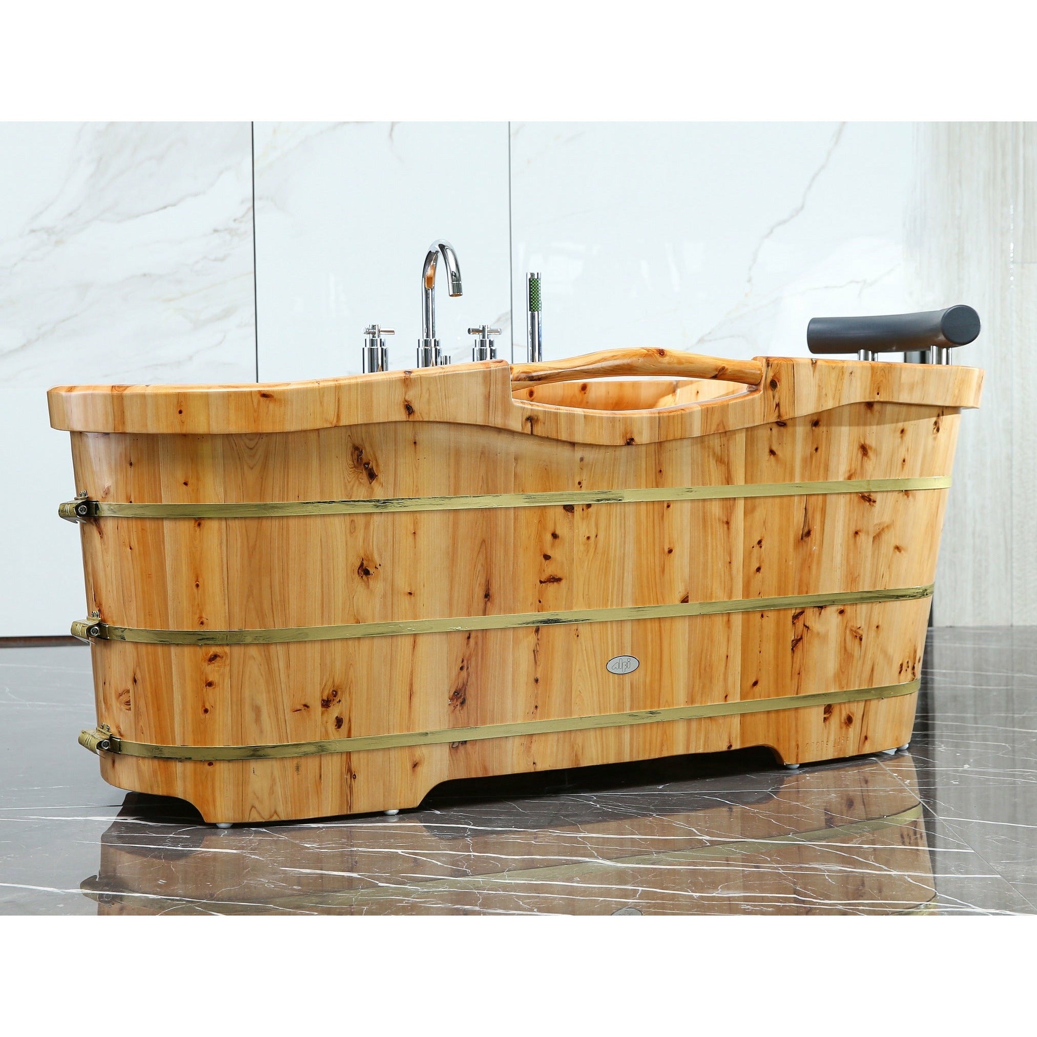 ALFI 61-Inch Cedar Wooden Freestanding Bathtub with Chrome Tub Filler  - AB1136