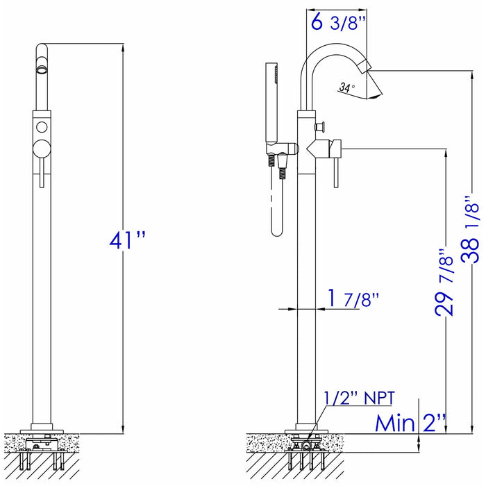 ALFI Rounded Floor Mounted Tub Filler with Handheld Shower Head - AB2534