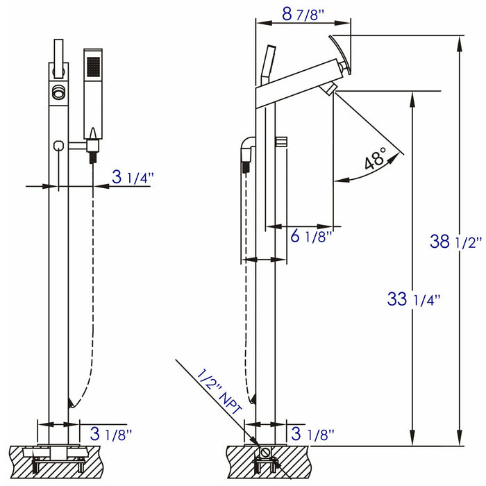 ALFI Floor Mounted Tub Filler Mixer with Hand Held Shower Head AB2728