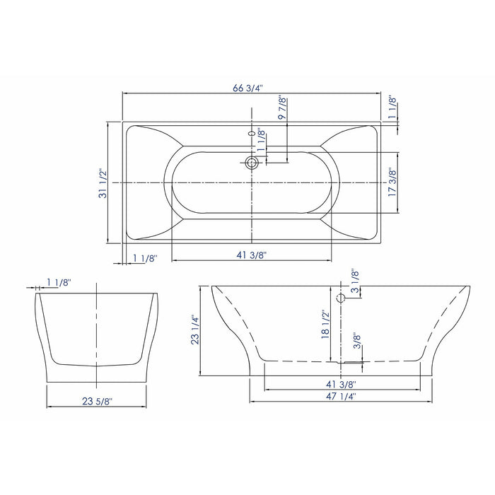 ALFI 67" Rectangular White Freestanding Acrylic Soaking Bathtub AB8840