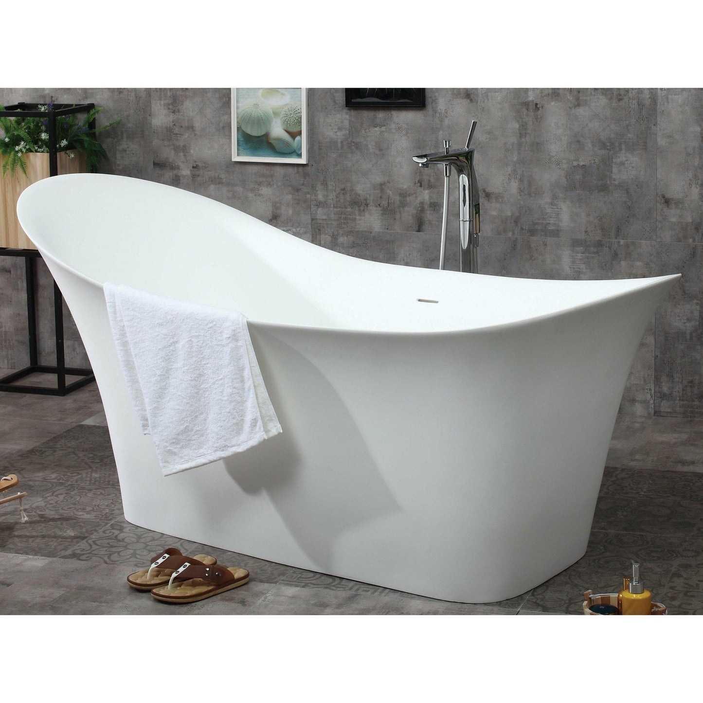ALFI 74-Inch White Solid Surface Smooth Resin Freestanding Slipper Soaking Bathtub -  AB9915