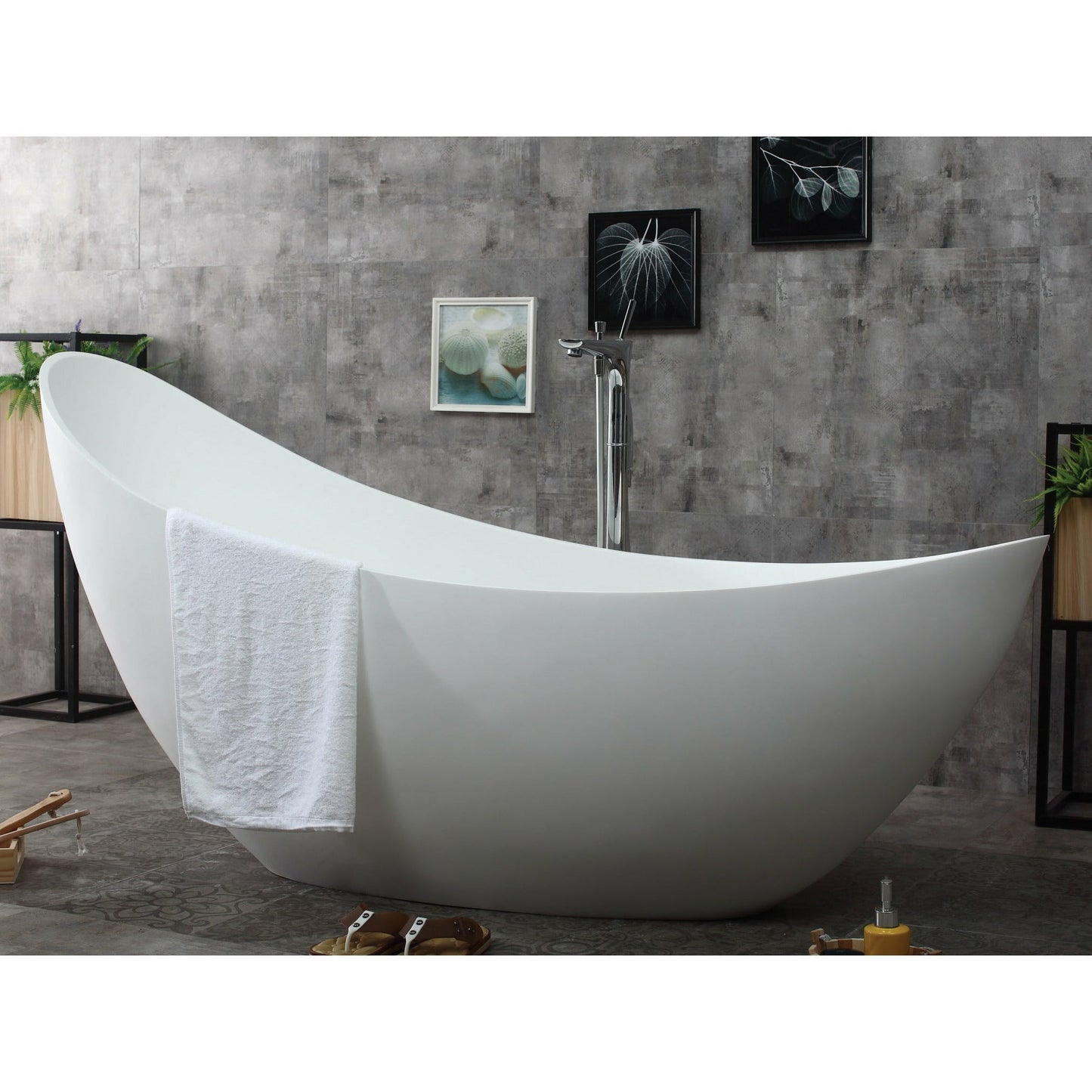 ALFI 73-Inch White Solid Surface Smooth Resin Freestanding Slipper Soaking Bathtub  - AB9951