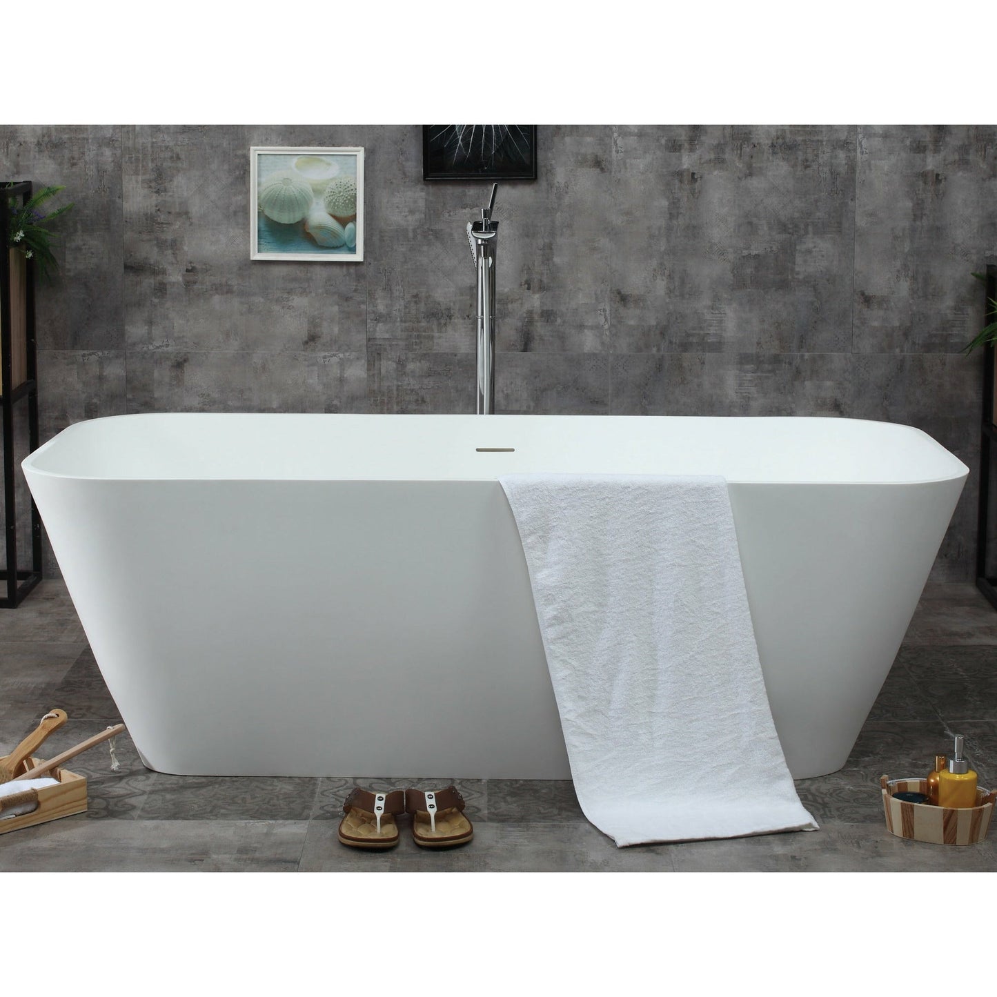 ALFI 67-Inch Rectangular White Solid Surface Freestanding Smooth Resin Soaking Bathtub  - AB9952