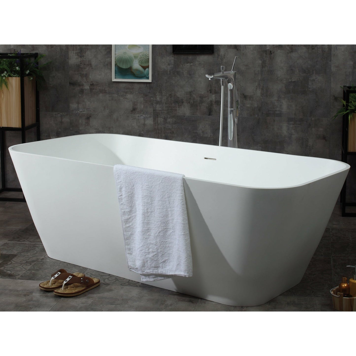 ALFI 67-Inch Rectangular White Solid Surface Freestanding Smooth Resin Soaking Bathtub  - AB9952