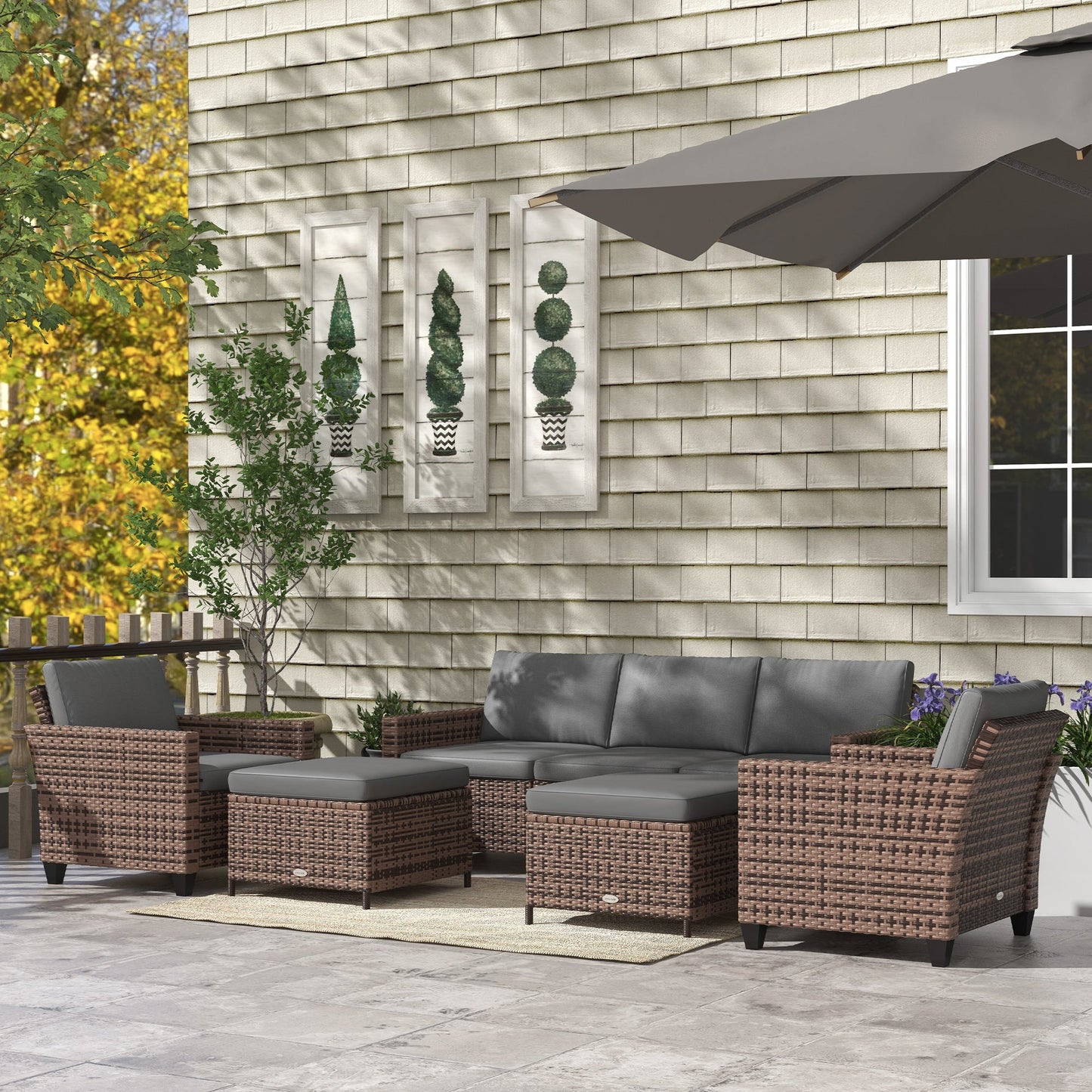 Outsunny 5-Piece PE Rattan Patio Set with 3-Seater Sofa, Armchairs, Footstools & Cushions, Mixed Brown - 860-311V00MB