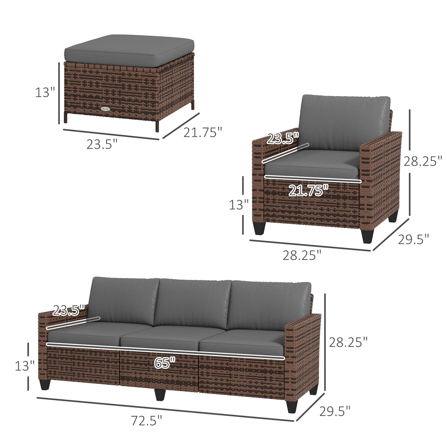 Outsunny 5-Piece PE Rattan Patio Set with 3-Seater Sofa, Armchairs, Footstools & Cushions, Mixed Brown - 860-311V00MB