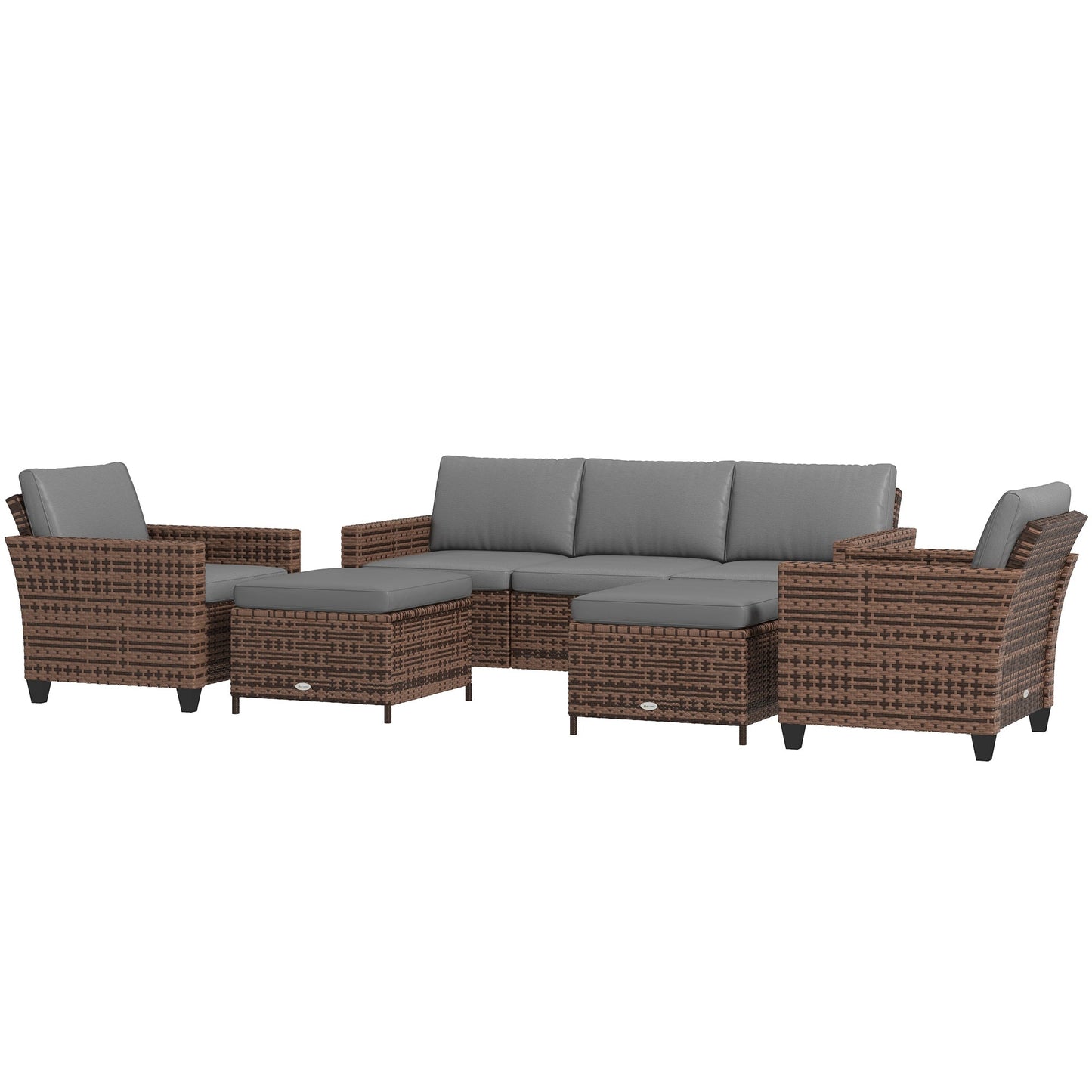 Outsunny 5-Piece PE Rattan Patio Set with 3-Seater Sofa, Armchairs, Footstools & Cushions, Mixed Brown - 860-311V00MB