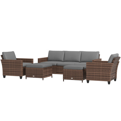 Outsunny 5-Piece PE Rattan Patio Set with 3-Seater Sofa, Armchairs, Footstools & Cushions, Mixed Brown - 860-311V00MB
