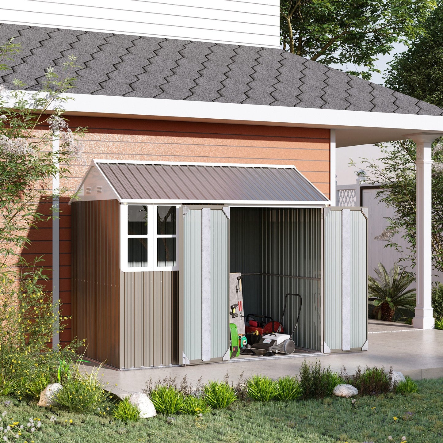 Outsunny 8' x 5.5' Extra Large Garden Shed, Tool Storage with Window, Metal Sloped Roof, Gray - 845-331V01GY
