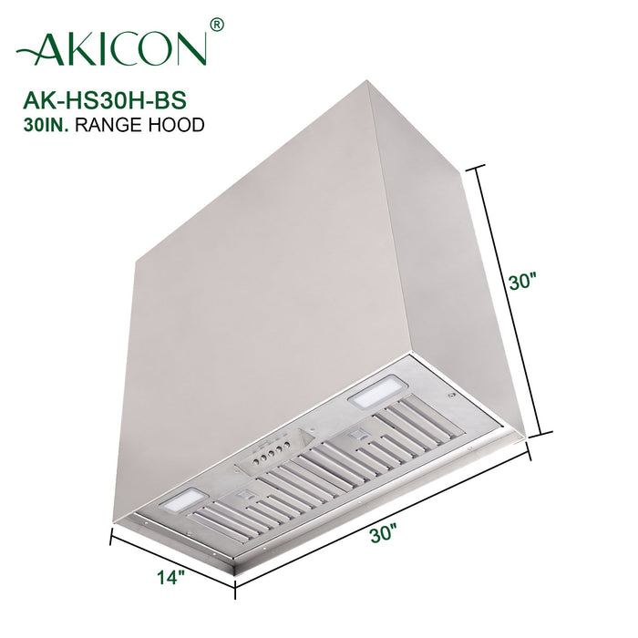 Akicon 30" Stainless Steel Range Hood, Modern Box Kitchen Hood with Powerful Vent Motor, Wall Mount, 30”W*30”H*14"D, Brushed Stainless - AK-HS30H-BS