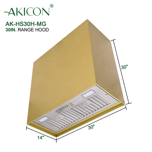 Akicon 30" Stainless Steel Range Hood, Modern Box Kitchen Hood with Powerful Vent Motor, Wall Mount, 30”W*30”H*14D, Matte Gold - AK-HS30H-MG