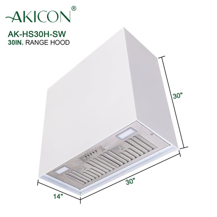 Akicon 30" Stainless Steel Range Hood, Modern Box Kitchen Hood with Powerful Vent Motor, Wall Mount, 30”W*30”H*14"D, Signal White - AK-HS30H-SW