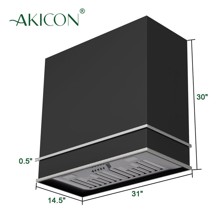 Akicon Range Hood 30” Ultra Quite Stainless Steel Kitchen Hood & Two Stacks, Wall Mount Square Vent Hood with LED Light and Dishwasher-Safe Filters - AK-HS30HB-JBN-48