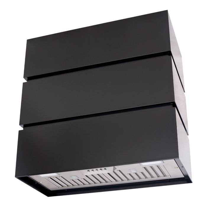 Akicon 30" Stainless Steel Range Hood, 3 Stacks Modern Box Kitchen Hood with Powerful Vent Motor, Wall Mount, 30”W*30”H*14D, Jet Black - AK-HS30L-JB