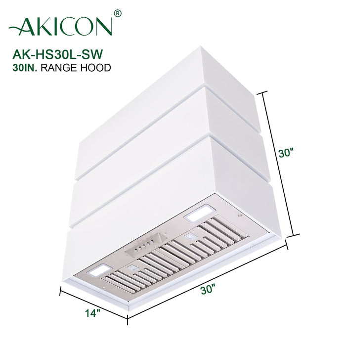 Akicon 30" Stainless Steel Range Hood, 3 Stacks Modern Box Kitchen Hood with Powerful Vent Motor, Wall Mount, 30”W*30”H*14"D, Signal White - AK-HS30L-SW