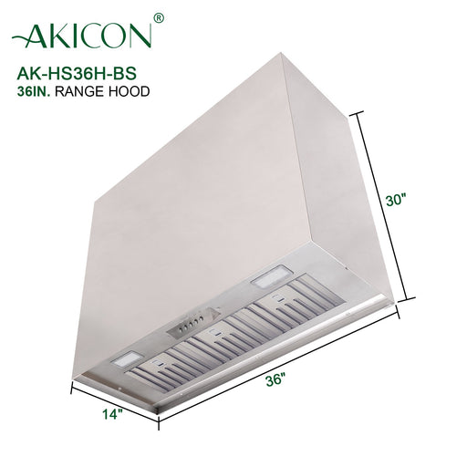 Akicon 36" Stainless Steel Range Hood, Modern Box Kitchen Hood with Powerful Vent Motor, Wall Mount, 36”W*30”H*14"D, Brushed Stainless - AK-HS36H-BS