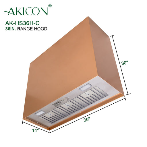 Akicon 36" Stainless Steel Range Hood, Modern Box Kitchen Hood with Powerful Vent Motor, Wall Mount, 36”W*30”H*14"D, Copper - AK-HS36H-C