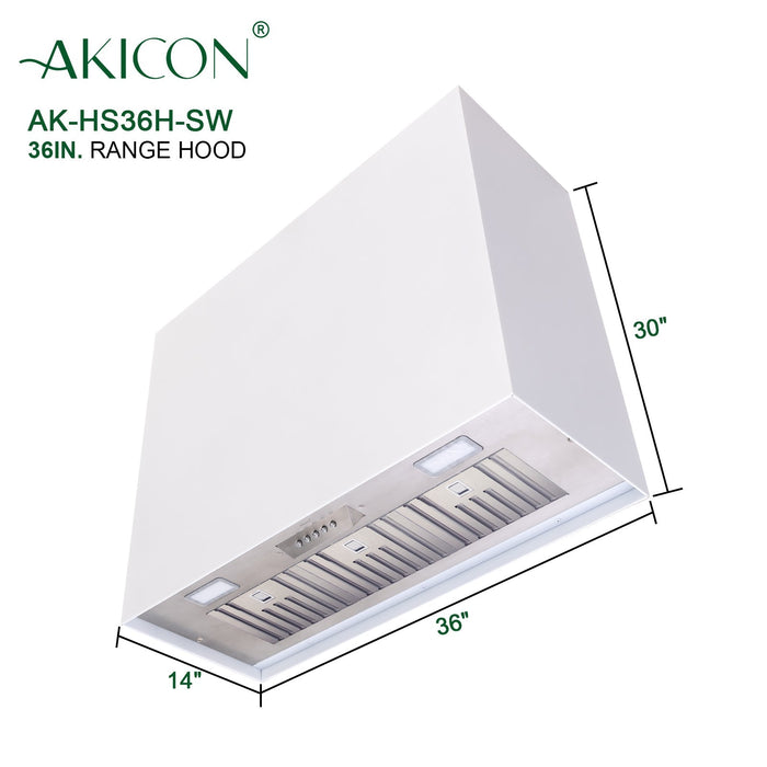 Akicon 36" Stainless Steel Range Hood, Modern Box Kitchen Hood with Powerful Vent Motor, Wall Mount, 36”W*30”H*14"D, Signal White - AK-HS36H-SW