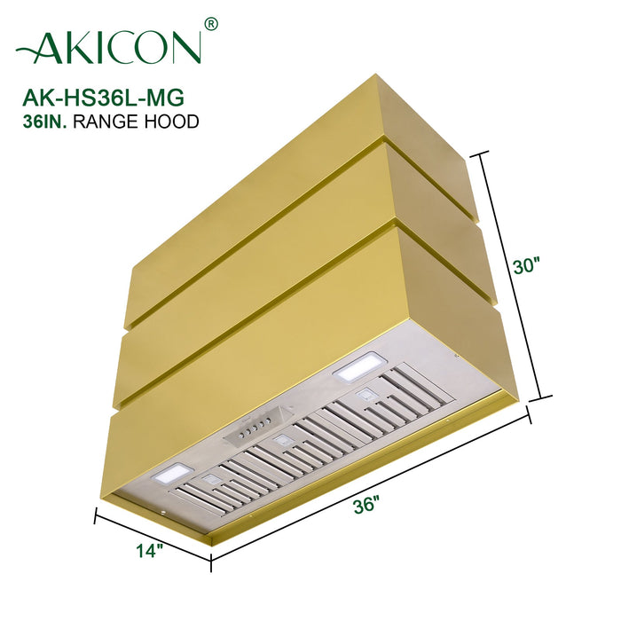 Akicon Stainless Steel Range Hood, 3 Stacks Modern Box Kitchen Hood with Powerful Vent Motor, Wall Mount, 42”W*30”H*21"D, Matte Gold for Eboni - AK-HS42L-MG-Eboni