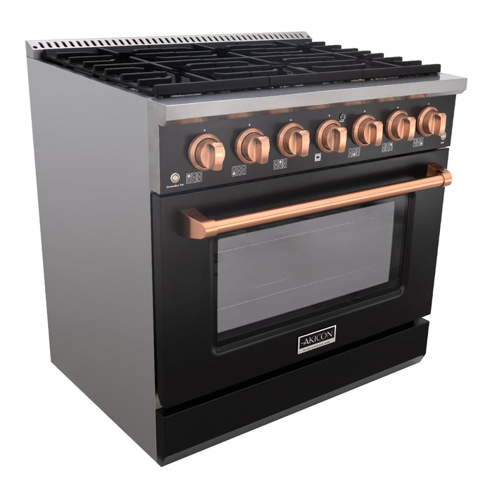 Akicon 36" Slide-in Freestanding Professional Style Gas Range with 5.2 Cu. Ft. Oven, 6 Burners, Convection Fan, Cast Iron Grates. Black & Copper