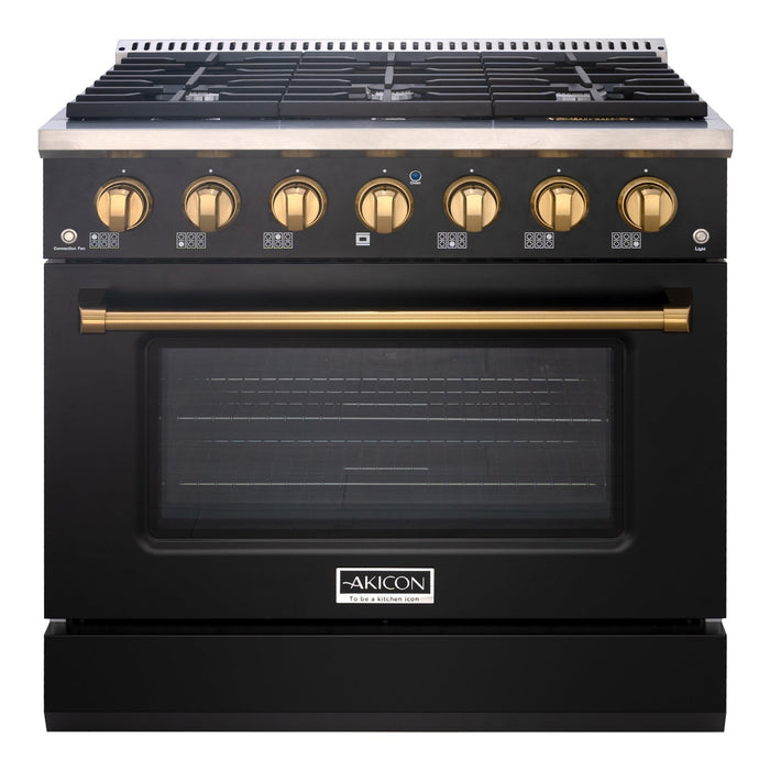 Akicon 36" Slide-in Freestanding Professional Style Gas Range with 5.2 Cu. Ft. Oven, 6 Burners, Convection Fan, Cast Iron Grates. Black & Gold - AK-JK36A1-BG