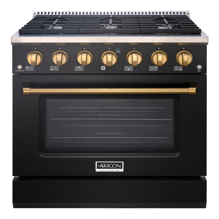 Akicon 36" Slide-in Freestanding Professional Style Gas Range with 5.2 Cu. Ft. Oven, 6 Burners, Convection Fan, Cast Iron Grates. Black & Stainless Steel - AK-JK36A1-BS