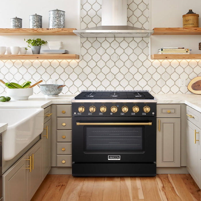 Akicon 36" Slide-in Freestanding Professional Style Gas Range with 5.2 Cu. Ft. Oven, 6 Burners, Convection Fan, Cast Iron Grates. Black & Gold - AK-JK36A1-BG