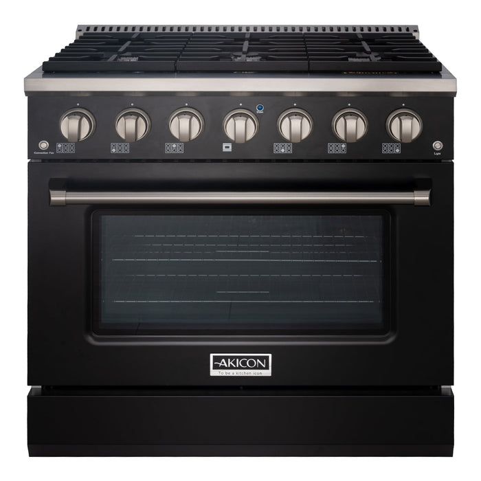 Akicon 36" Slide-in Freestanding Professional Style Gas Range with 5.2 Cu. Ft. Oven, 6 Burners, Convection Fan, Cast Iron Grates. Black & Gold - AK-JK36A1-BG