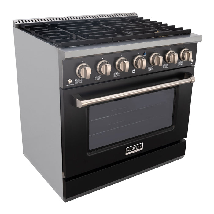 Akicon 36" Slide-in Freestanding Professional Style Gas Range with 5.2 Cu. Ft. Oven, 6 Burners, Convection Fan, Cast Iron Grates. Black & Stainless Steel - AK-JK36A1-BS