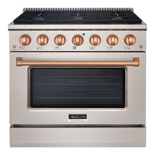 Akicon 36" Slide-in Freestanding Professional Style Gas Range with 5.2 Cu. Ft. Oven, 6 Burners, Convection Fan, Cast Iron Grates. Stainless Steel & Copper - AK-JK36A1-SC