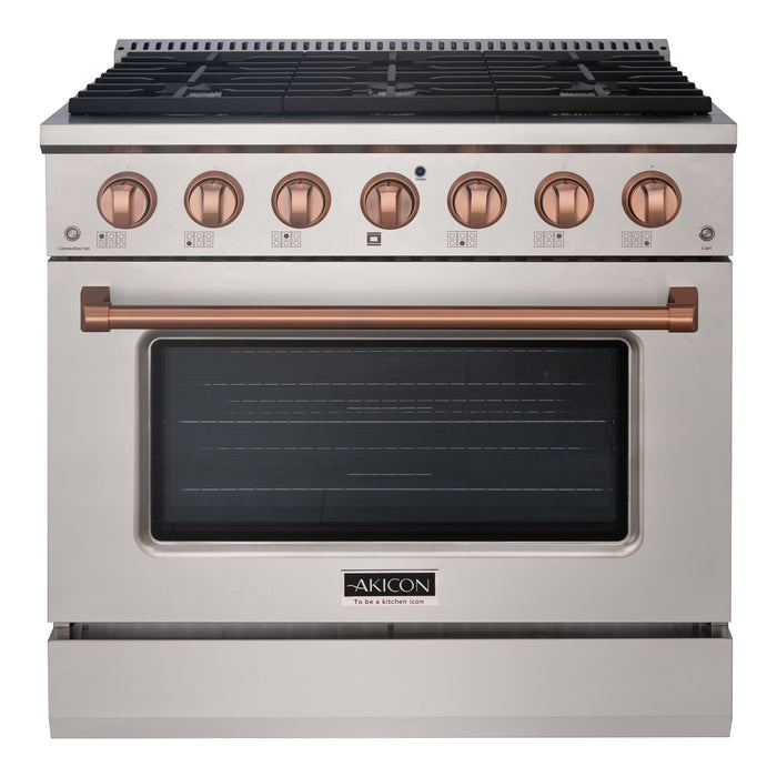 Akicon 36" Slide-in Freestanding Professional Style Gas Range with 5.2 Cu. Ft. Oven, 6 Burners, Convection Fan, Cast Iron Grates. Stainless Steel & Gold - AK-JK36A1-SG