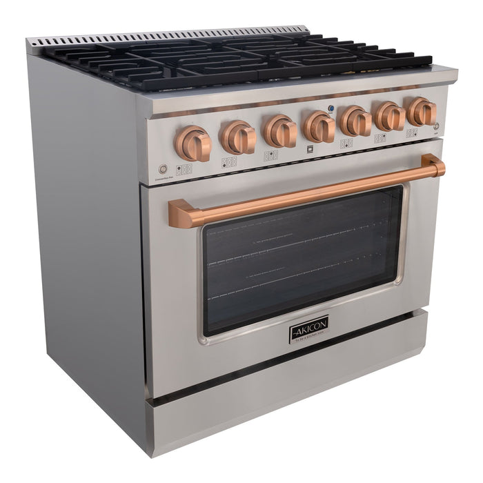 Akicon 36" Slide-in Freestanding Professional Style Gas Range with 5.2 Cu. Ft. Oven, 6 Burners, Convection Fan, Cast Iron Grates. Stainless Steel & Copper - AK-JK36A1-SC