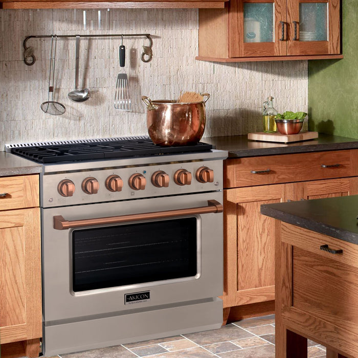 Akicon 36" Slide-in Freestanding Professional Style Gas Range with 5.2 Cu. Ft. Oven, 6 Burners, Convection Fan, Cast Iron Grates. Stainless Steel & Copper - AK-JK36A1-SC