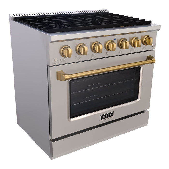 Akicon 36" Slide-in Freestanding Professional Style Gas Range with 5.2 Cu. Ft. Oven, 6 Burners, Convection Fan, Cast Iron Grates. Stainless Steel & Gold - AK-JK36A1-SG