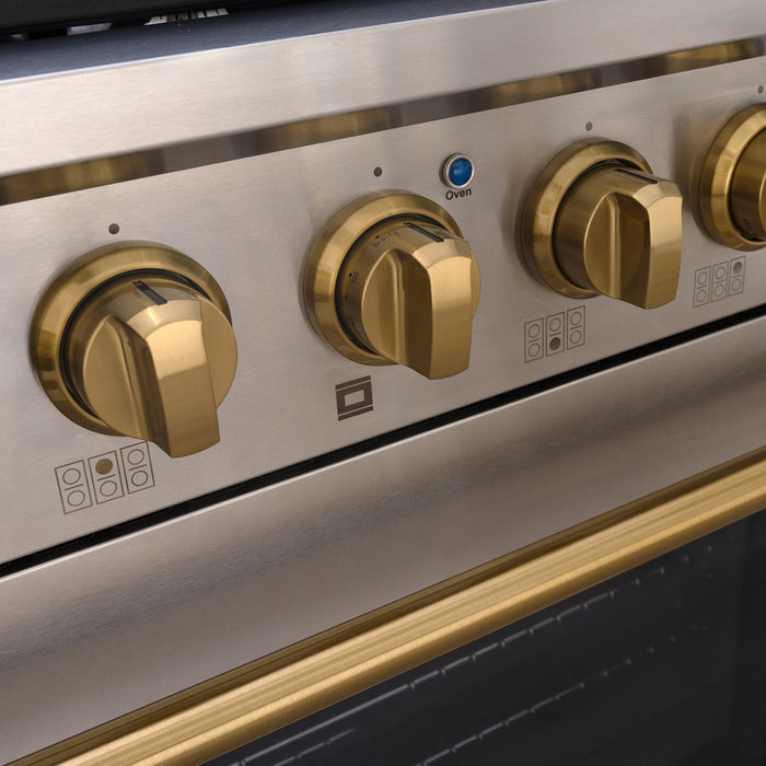 Akicon 36" Slide-in Freestanding Professional Style Gas Range with 5.2 Cu. Ft. Oven, 6 Burners, Convection Fan, Cast Iron Grates. Stainless Steel & Gold - AK-JK36A1-SG