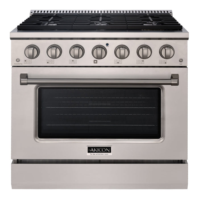 Akicon 36" Slide-in Freestanding Professional Style Gas Range with 5.2 Cu. Ft. Oven, 6 Burners, Convection Fan, Cast Iron Grates. Stainless Steel & Gold - AK-JK36A1-SG