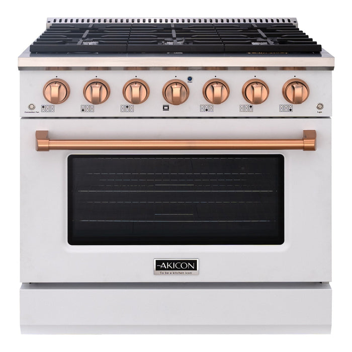 Akicon 36" Slide-in Freestanding Professional Style Gas Range with 5.2 Cu. Ft. Oven, 6 Burners, Convection Fan, Cast Iron Grates. White & Copper - AK-JK36A1-WC