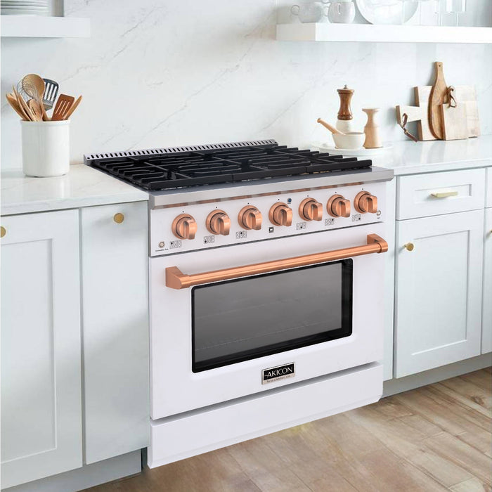 Akicon 36" Slide-in Freestanding Professional Style Gas Range with 5.2 Cu. Ft. Oven, 6 Burners, Convection Fan, Cast Iron Grates. White & Copper - AK-JK36A1-WC