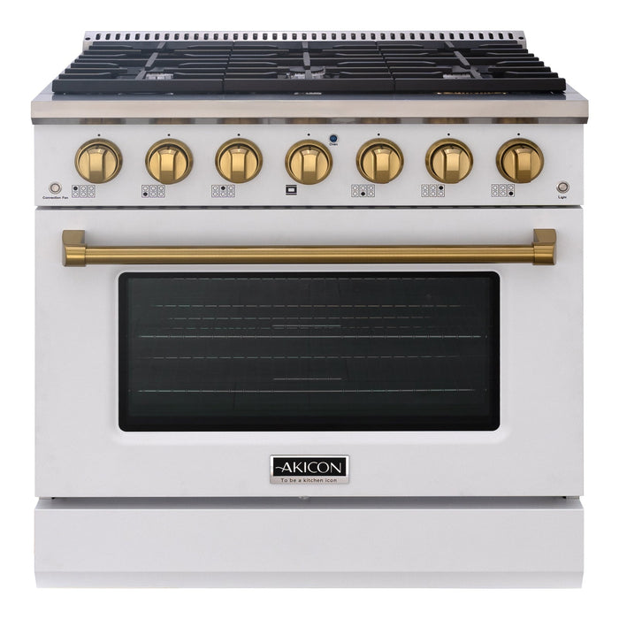 Akicon 36" Slide-in Freestanding Professional Style Gas Range with 5.2 Cu. Ft. Oven, 6 Burners, Convection Fan, Cast Iron Grates. White & Stainless Steel - AK-JK36A1-WS