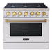 Akicon 36" Slide-in Freestanding Professional Style Gas Range with 5.2 Cu. Ft. Oven, 6 Burners, Convection Fan, Cast Iron Grates. White & Gold - AK-JK36A1-WG