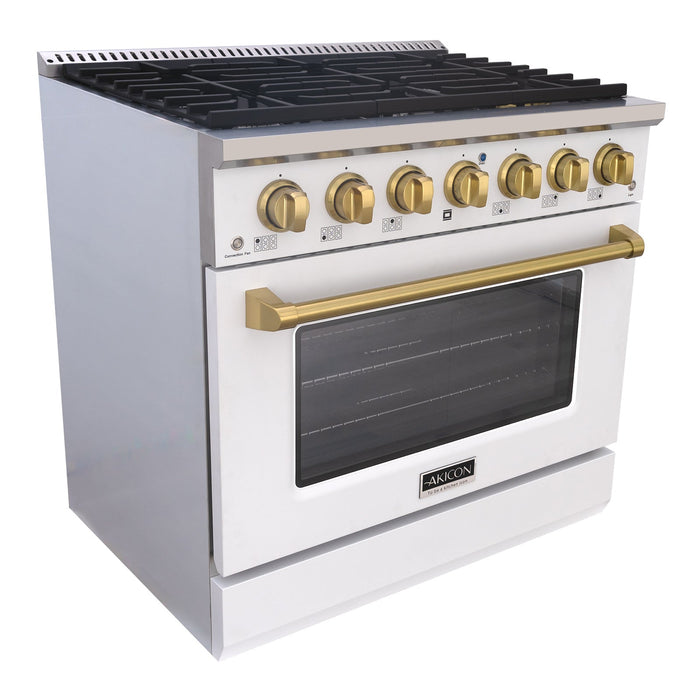 Akicon 36" Slide-in Freestanding Professional Style Gas Range with 5.2 Cu. Ft. Oven, 6 Burners, Convection Fan, Cast Iron Grates. White & Gold - AK-JK36A1-WG