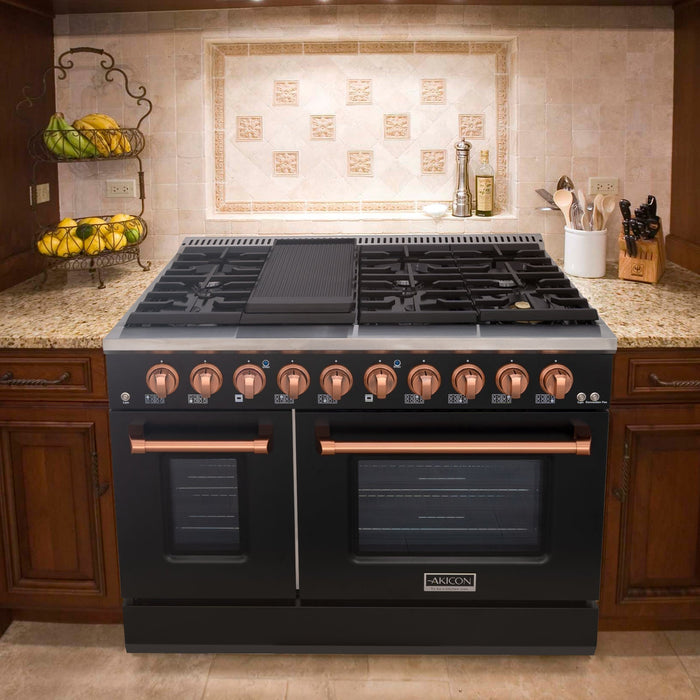 Akicon 48" Slide-in Freestanding Professional Style Gas Range with 6.7 Cu. Ft. Oven, 8 Burners, Convection Fan, Cast Iron Grates. Black & Copper for Janice