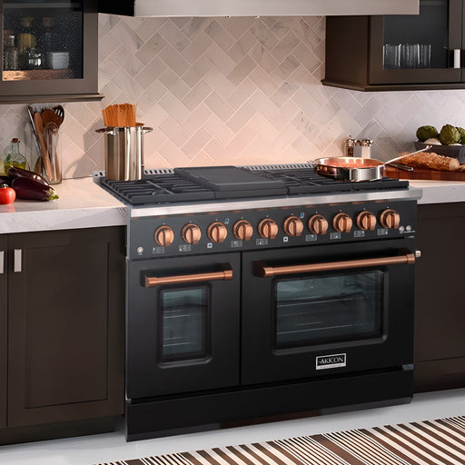 Akicon 48" Slide-in Freestanding Professional Style Gas Range with 6.7 Cu. Ft. Oven, 8 Burners, Convection Fan, Cast Iron Grates. Black & Copper for Janice