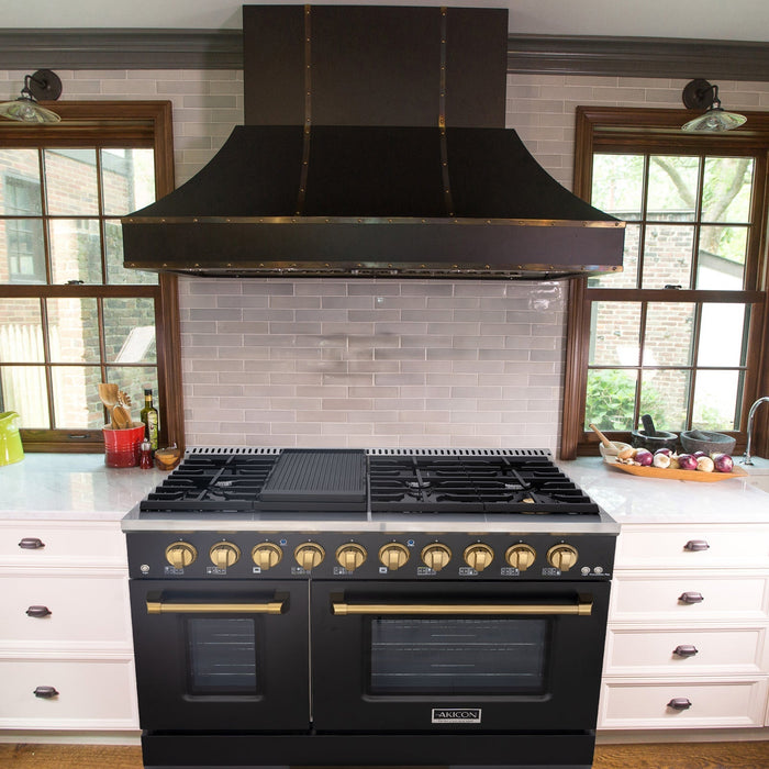 Akicon 48" Slide-in Freestanding Professional Style Gas Range with 6.7 Cu. Ft. Oven, 8 Burners, Convection Fan, Cast Iron Grates. Black & Gold