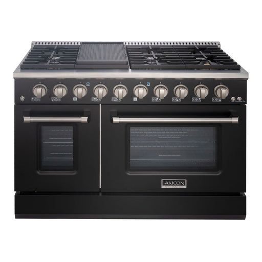 Akicon 48" Slide-in Freestanding Professional Style Gas Range with 6.7 Cu. Ft. Oven, 8 Burners, Convection Fan, Cast Iron Grates. Black & Stainless Steel