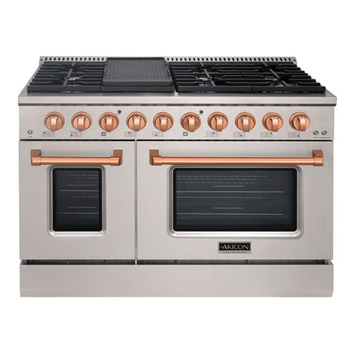 Akicon 48" Slide-in Freestanding Professional Style Gas Range with 6.7 Cu. Ft. Oven, 8 Burners, Convection Fan, Cast Iron Grates. Stainless Steel & Copper