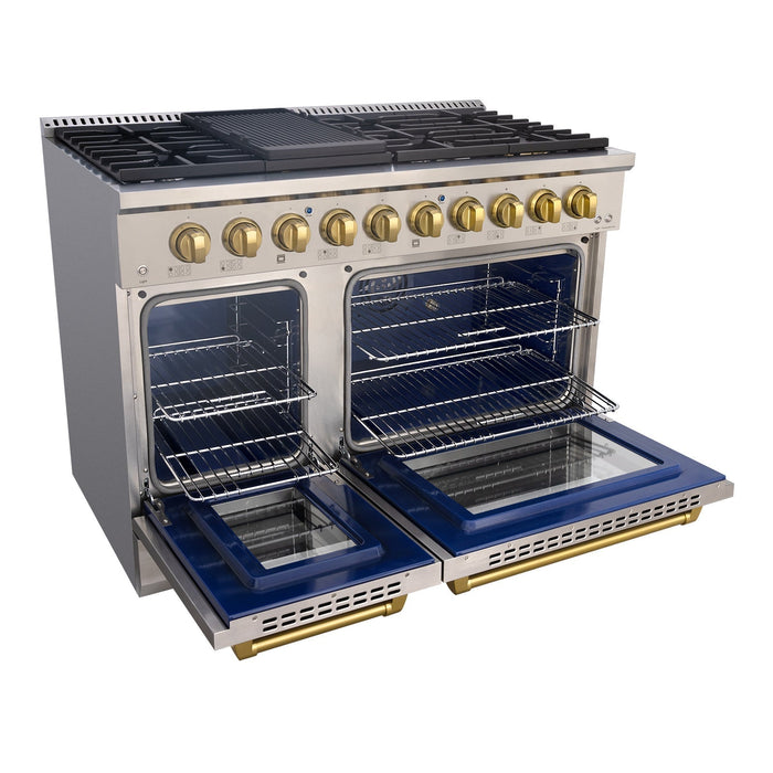 Akicon 48" Slide-in Freestanding Professional Style Gas Range with 6.7 Cu. Ft. Oven, 8 Burners, Convection Fan, Cast Iron Grates. Stainless Steel & Gold